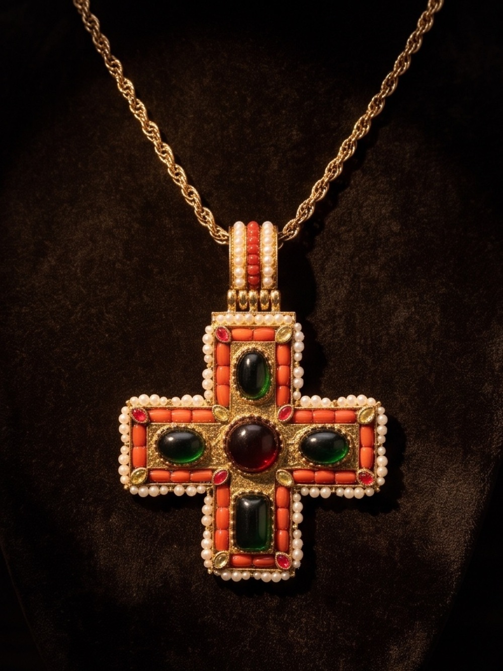 Gold-Tone Cross Pendant Necklace with Coral, Green and Pearl Accents